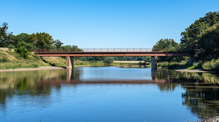 A Red Bridge Crossing a Calm River on a Sunny Day
