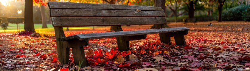 Naklejka premium Tranquil Wooden Bench in Autumn Park Surrounded by Colorful Fallen Leaves at Sunset