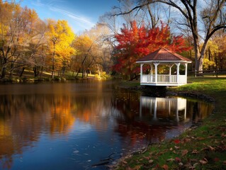 Fototapeta premium Serene Autumn Landscape with Gazebo by Tranquil Lake Surrounded by Vibrant Fall Foliage and Reflective Water