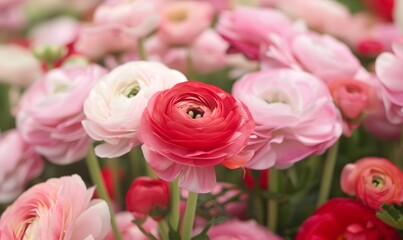 Beautiful Pink and Red Ranunculus Flowers, Generative AI