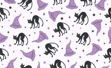 Obraz premium Funny Halloween seamless pattern in trendy Groovy Retro 70s style. Y2k collection. Retro y2k style. Cute Magic Hat and Cat. Fun pumpkin character. Vector illustration.