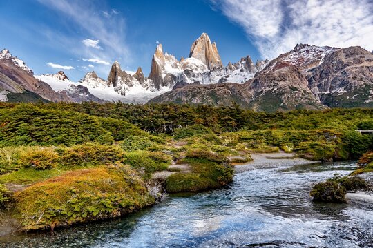 Mount Fitz Roy and it’s reflection in river surface in Patagonia, Argentina