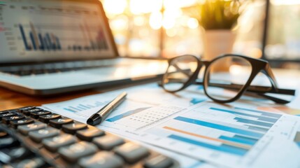 A calculator, pen, and glasses lie on a desk with financial data sheets spread out, a laptop in the background. The setting suggests a business office.