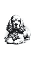 アメリカのアメリカン・コッカー・スパニエルのモノトーン画像。中型でフサフサの被毛と長い耳が特徴。