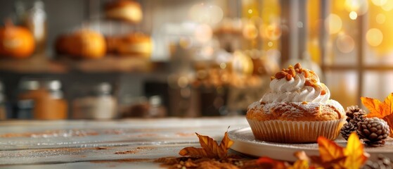 Delicious Autumn Cupcake with Whipped Cream and Nuts in Cozy Cafe Setting
