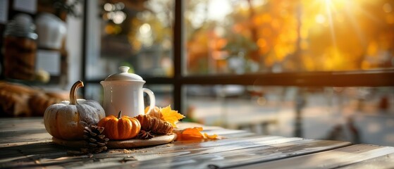 Cozy Autumn Morning with Pumpkins and Pinecones on a Wooden Table by a Sunlit Window