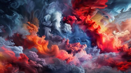 Fototapeta premium Colorful abstract background with swirling smoke in red, orange, blue and purple hues