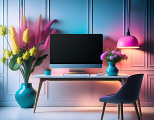 Modern all in one computer screen on the desk with flowers and  lights