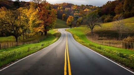 Fototapeta premium Serene Countryside Road Winding Through Vibrant Autumn Foliage and Rolling Hills Under a Cloudy Sky