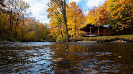 Fototapeta premium Cozy Wooden Cabin by a Tranquil River in a Vibrant Autumn Forest with Colorful Foliage