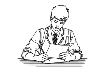 Continuous single line drawing of a teenage high school student reading for exam. Single line art vector. Back to school themed illustration concept.