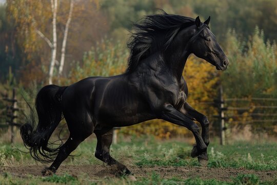 Powerful black stallion with a long mane running in a field near a forest