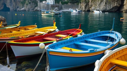 Obraz premium Colorful boats docked in an Amalfi Coast marina, vibrant and scenic