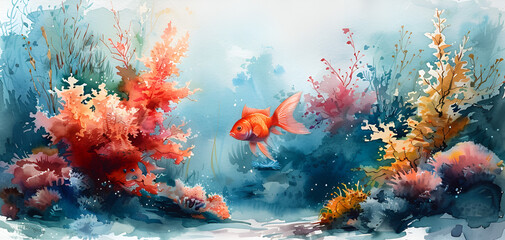 aqua scape underwater illustration with coral reef plants and ornamental fish, paint art, water color