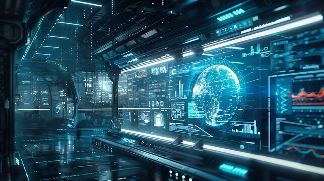 Futuristic Space Station Control Room with Holographic Earth Screen Display for Space monitoring digital fiction technology concept.