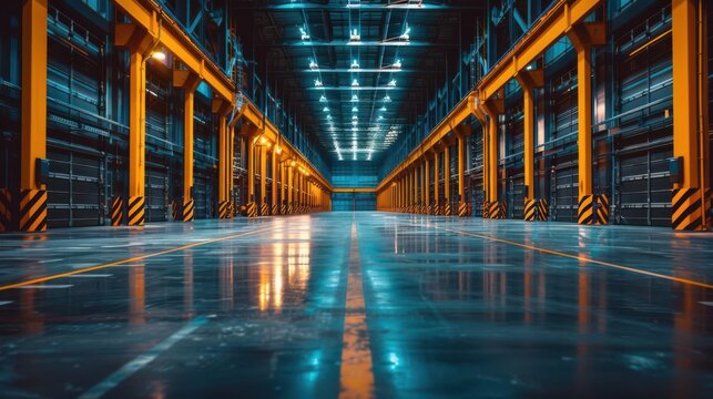Empty industrial warehouse with long rows of storage units and concrete floor.  Bright fluorescent lights illuminate the space.