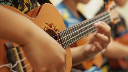 A person's hands play a ukulele, focusing on the fingers pressing down on the strings. The ukulele is brown with a painted design.