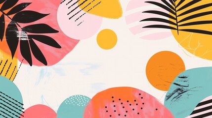 Tropical Abstract Background: A vibrant and cheerful abstract background featuring bold, colorful shapes, tropical leaves, and geometric patterns.