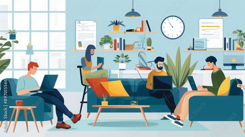Aufkleber four people in casual attire collaborate on laptops and tablets in a modern office. the scene is rel