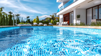 Fototapeta premium Swimming pool near a private modern house against a blue sky