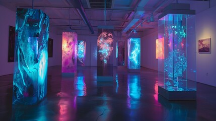 An avant-garde art exhibit with shifting holographic installations and bioluminescent cultural themes style