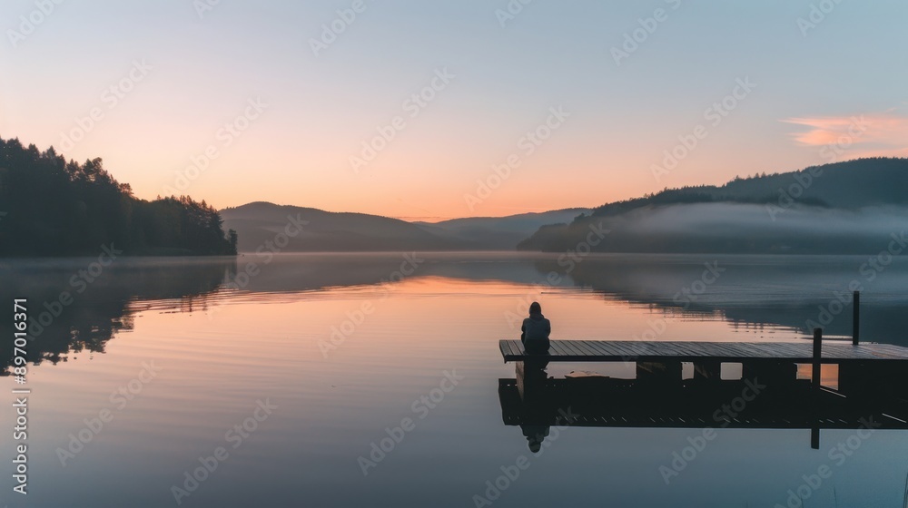 Poster a person sits on a dock over a still lake at sunset. the sky is colorful and reflected in the water,