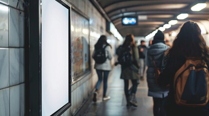 Fototapeta premium Empty white advertising signboard mockup in subway