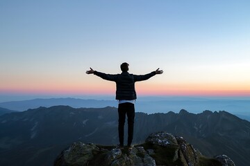 Obraz premium Man Embracing the Mountain Sunset