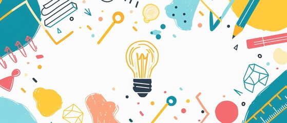 Futuristic school background with light bulb, crayons and color pencils on a pastel white table. Top view banner template for educational advertising or promotion of courses and online learning. 