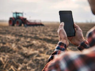 Modern farmer holding phone on the field, blurred tractor in the background