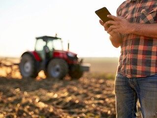 Modern farmer holding phone on the field, blurred tractor in the background