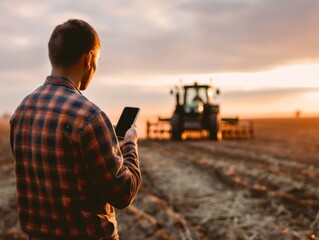 Modern farmer holding phone on the field, blurred tractor in the background