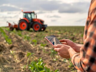 Modern farmer holding phone on the field, blurred tractor in the background