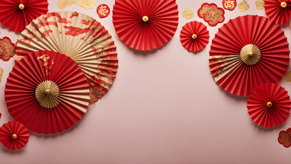 Obraz premium Chinese New Year Banner Template: Abstract Art with Oriental Paper Umbrella. Lunar New Year Celebration. Happy New Year Traditional Holiday