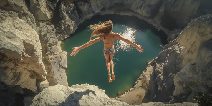 Woman Cliff Jumping into Crystal Clear Water