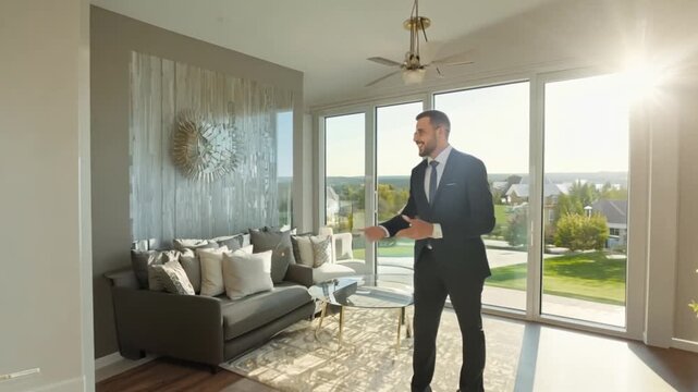 Attractive real estate agent shows stylish modern house young couple client rent investment agent bright business mortgage relationship sale apartment interior slow motion