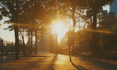 Silhouette of a Runner at Sunrise in the City