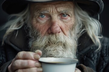 Close-up Portrait of an Elderly Man with a Long White Beard Holding a Cup of Coffee, Offering a Drink, Warmth and Hospitality, Human Connection, Generosity, Kindness, Compassion, Caring, Old Age