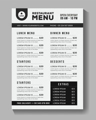 restaurant food menu poster and flyer design template