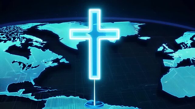 Glowing cross over digital world map, global religious concept