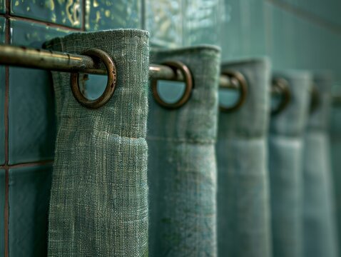 Pathogen-laden bathroom curtain hooks, [germs, bathroom], [showing unnoticed contamination points].
