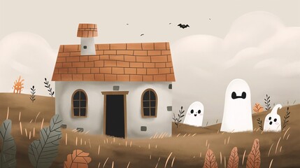 Haunted Cottage Halloween Scene: A charming, spooky, and whimsical illustration of an old cottage with friendly ghosts perfect for Halloween projects. 