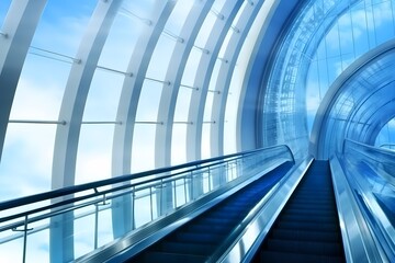 Fototapeta premium Modern luxury escalators with staircase at airport. Neural network AI generated art