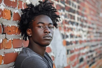 Young man with dreadlocks leaning against brick wall looking serious