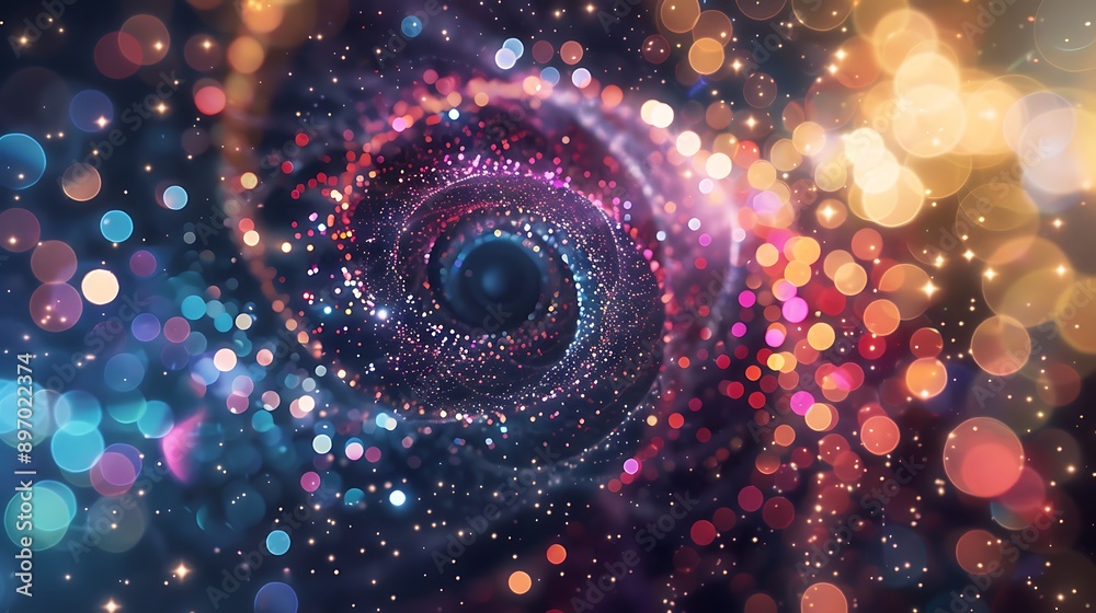 Poster abstract digital spiral with bokeh lights for outer space cosmic galaxy concept.