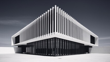 Obraz premium Modern Architecture: A sleek and contemporary building with sharp angles and a minimalist design, captured in a dramatic black and white photograph. The building's bold lines and geometric shapes crea