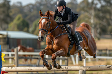 Young Equestrian Soaring Over a Wooden Jump in a Show Jumping Competition