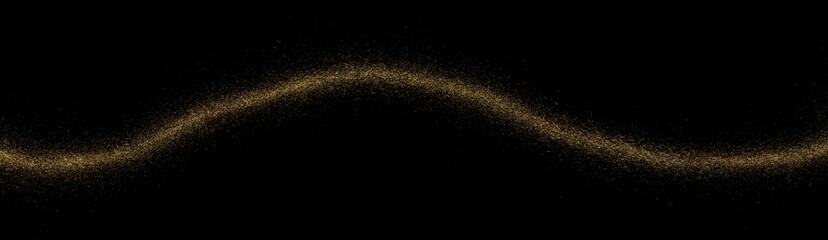 Wavy golden horizontal stripe, plume crumbs. Gold abstract wave sprinkled texture, jewelry dust in black background. Sand particles or pieces.