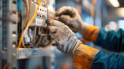 Gloved hands replacing a faulty electrical outlet.