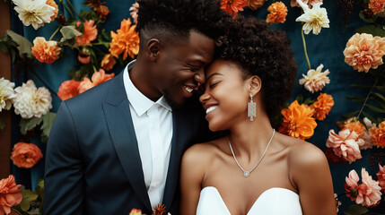 Smiling bride and groom embracing in front of a floral backdrop, with the groom in a blue suit and the bride in a white dress and jewelry.